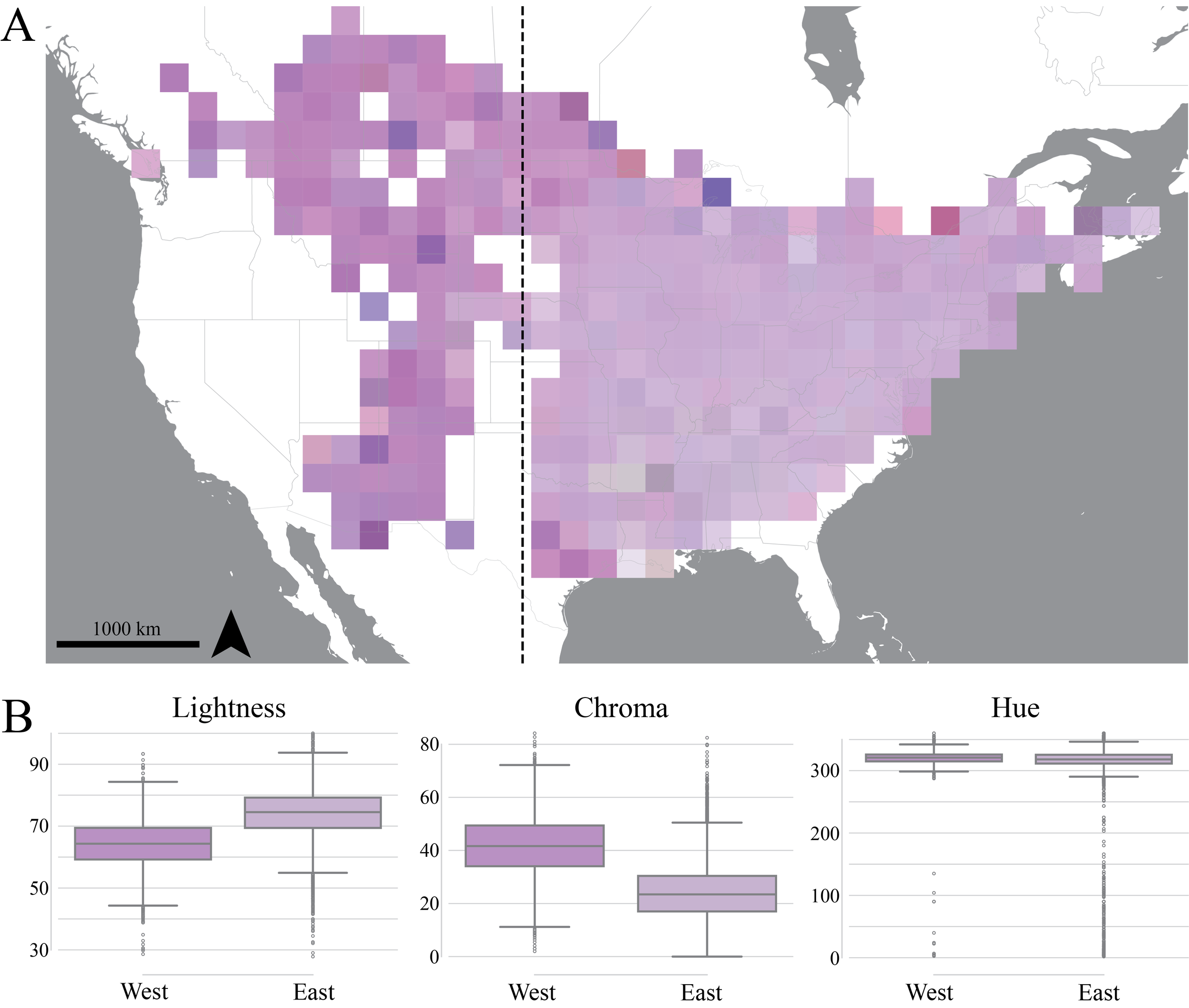 Map and plots showing geographic variation in Monarda fistulosa flower color